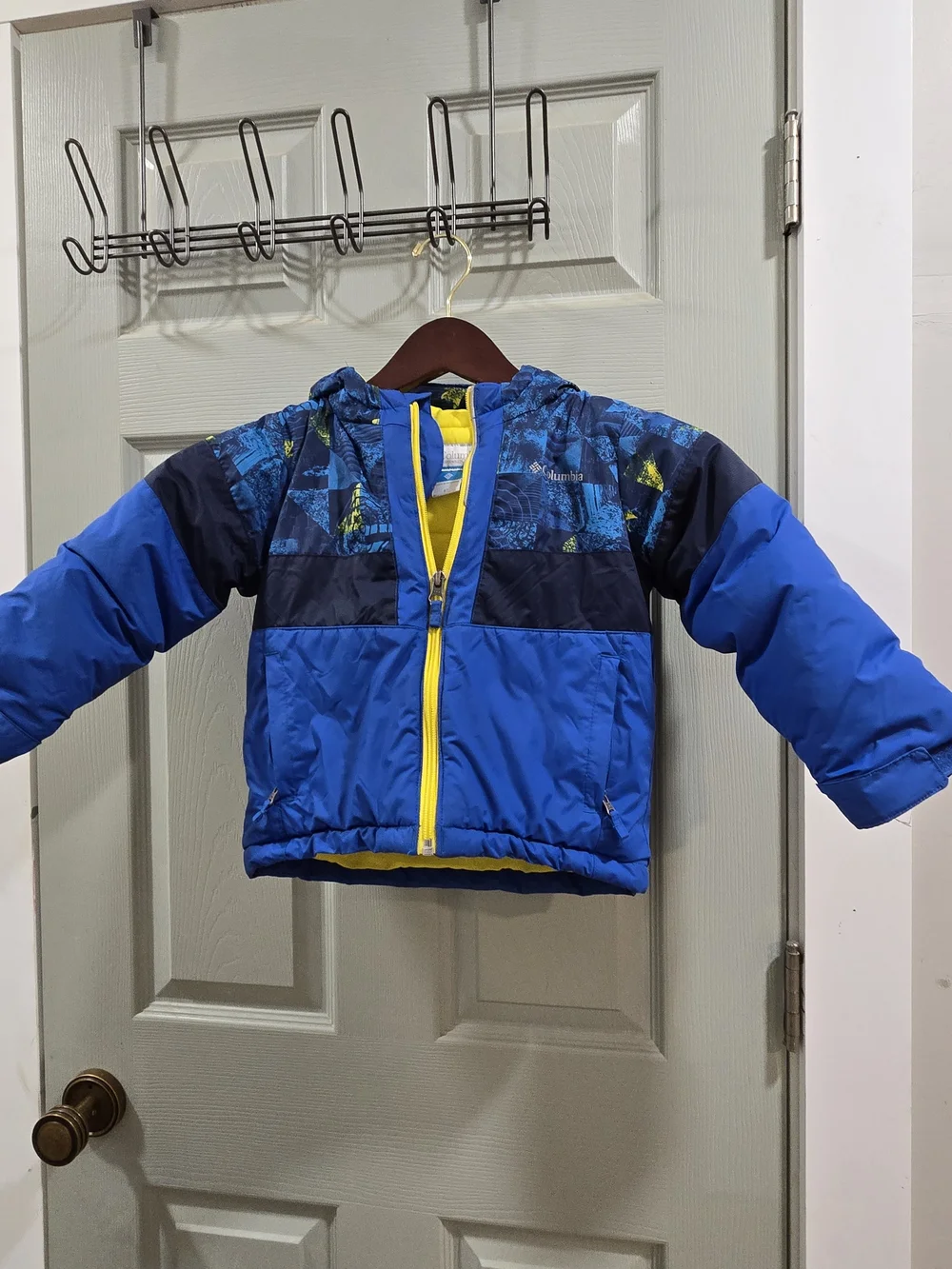Columbia Boys' Blue and Navy Hooded Puffer with Yellow Trim
